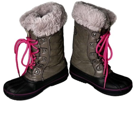 London Fog Girl's Beckenham Snow Boots Waterproof Gray and Pink Size 2 - Picture 2 of 8